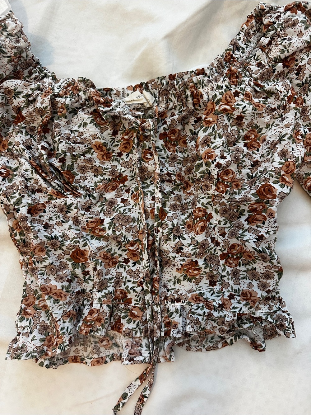 Smocked Floral Tie-Front Blouse in Cream and Brown